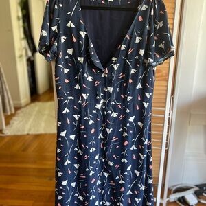 Retro Button Up Cap Sleeve Silk Navy Dress with White and Pink Floral Print